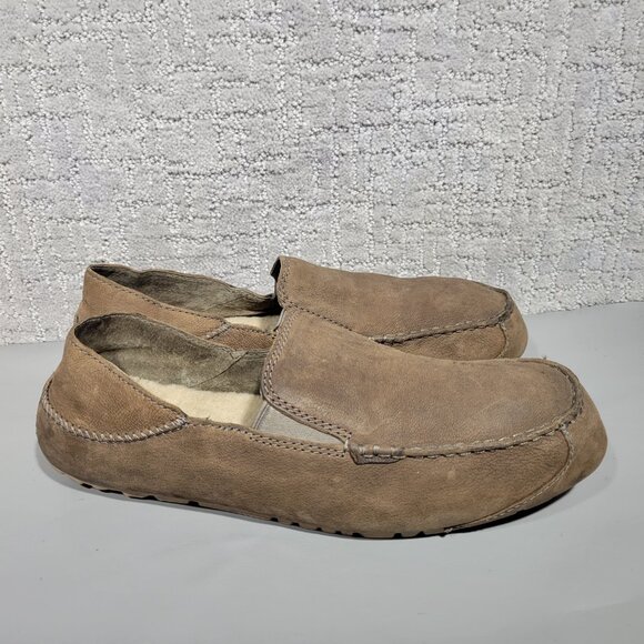UGG Upshaw Mens US Size 11 Brown Leather Wool Collapsible Slip-On Loafer Shoes - Picture 1 of 11